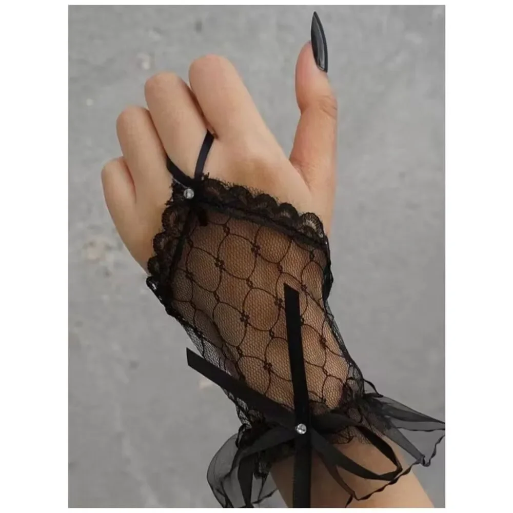 NWT Black Lace Fingerless Mesh Gloves Bow Rhinestone 7